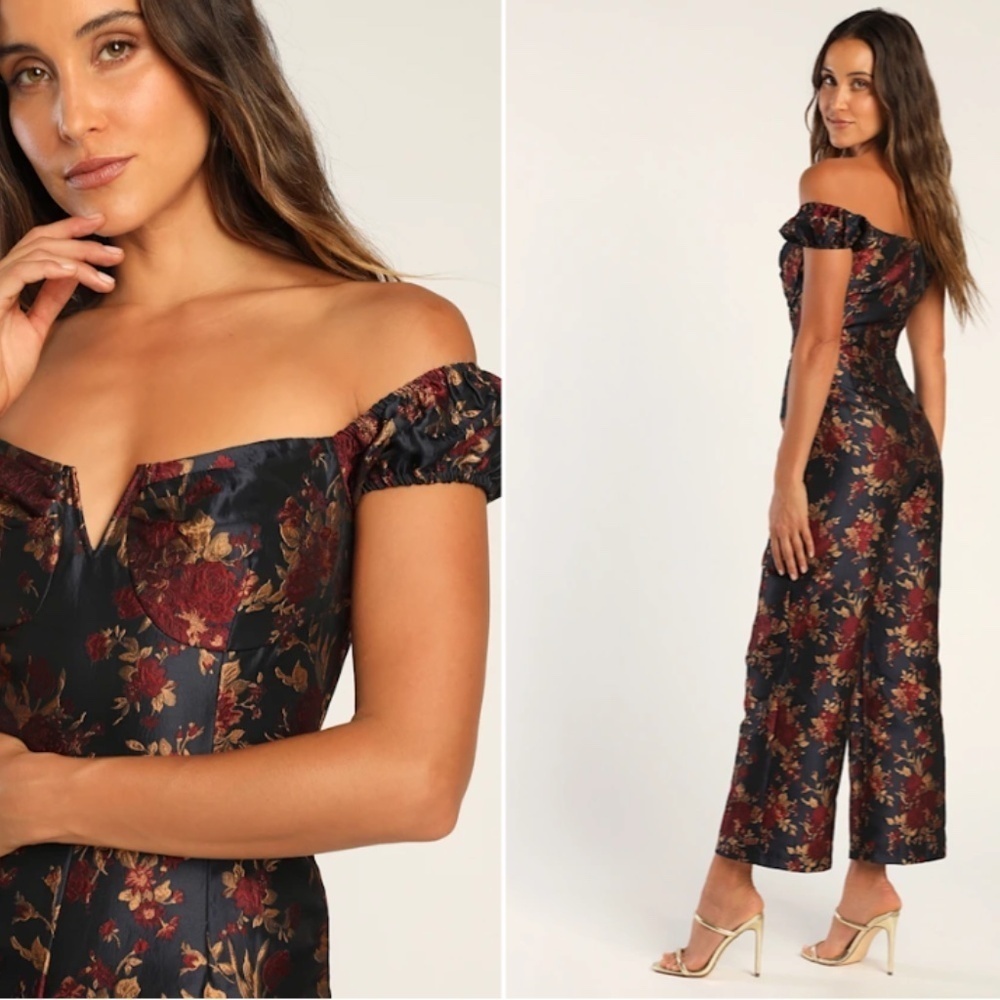LULU's Sexy Chic Elegant Wedding Floral Sophisitcated Off the Shoulder Jumpsuit - Picture 5 of 6